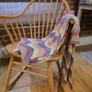 Vintage Chunky Knit Afghan Chevron Crochet Blanket Pastel Colorful 75"x58"